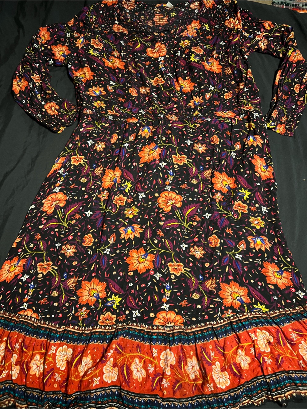 Old Navy Black Floral Long-Sleeve Tie-Waist Dress with Orange and Purple Accents